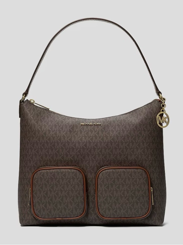Nwt Michael Kors Merritt Large Signature Logo Cargo Shoulder Bag In Chocolate
